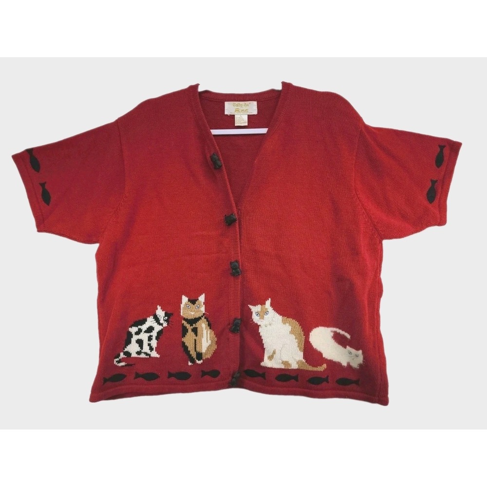 Vintage TALLY HO Cardigan Cats Lovers V-neck Short Sleeve Knit Sweater Size M